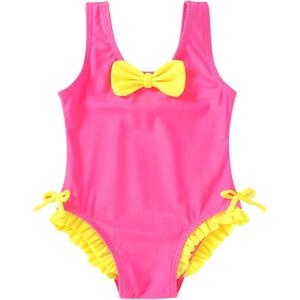 imageYOUNGER TREE Toddler Swimsuit Girl Cute Stripe OnePiece Ruffle Swimwear Baby Girl Bathing Suits with BowHot Pink and Yellow Bow