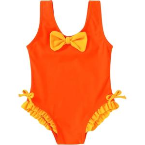 imageYOUNGER TREE Toddler Swimsuit Girl Cute Stripe OnePiece Ruffle Swimwear Baby Girl Bathing Suits with BowOrange and Yellow Bow