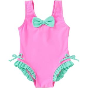 imageYOUNGER TREE Toddler Swimsuit Girl Cute Stripe OnePiece Ruffle Swimwear Baby Girl Bathing Suits with BowPink and Green Bow