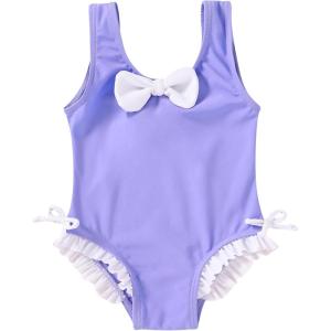 imageYOUNGER TREE Toddler Swimsuit Girl Cute Stripe OnePiece Ruffle Swimwear Baby Girl Bathing Suits with BowPurple and White Bow