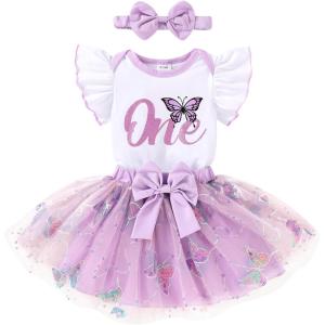 imageYOUNGER TREE Baby Girls 1st Birthday Outfit ONE Romper Tulle Tutu Skirt with Headband Sets Baby First Princess DressButterfly