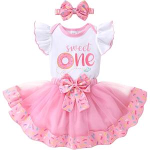 imageYOUNGER TREE Baby Girls 1st Birthday Outfit ONE Romper Tulle Tutu Skirt with Headband Sets Baby First Princess DressDoughnut