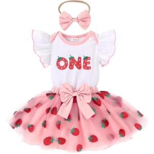imageYOUNGER TREE Baby Girls 1st Birthday Outfit ONE Romper Tulle Tutu Skirt with Headband Sets Baby First Princess DressStrawberry