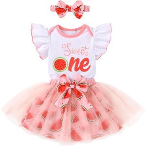 imageYOUNGER TREE Baby Girls 1st Birthday Outfit ONE Romper Tulle Tutu Skirt with Headband Sets Baby First Princess DressWatermelon