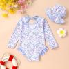 imageYOUNGER TREE Infant Baby Girls Swimsuit Long Sleeve Swimsuits One Piece Swimsuit Solid Color Bathing Suit with Hat UPF 50Blue Border Floral Fragments