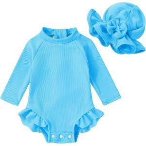 imageYOUNGER TREE Infant Baby Girls Swimsuit Long Sleeve Swimsuits One Piece Swimsuit Solid Color Bathing Suit with Hat UPF 50Blue
