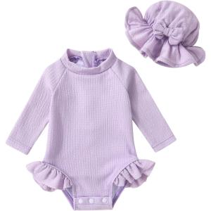 imageYOUNGER TREE Infant Baby Girls Swimsuit Long Sleeve Swimsuits One Piece Swimsuit Solid Color Bathing Suit with Hat UPF 50Light Purple