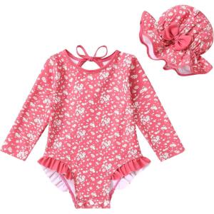 imageYOUNGER TREE Infant Baby Girls Swimsuit Long Sleeve Swimsuits One Piece Swimsuit Solid Color Bathing Suit with Hat UPF 50Rose Red Edged Floral Fragments