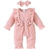 imageYOUNGER TREE Baby Girl Romper Fall Winter Long Sleeve Newborn Bodysuit with Headband Infant ClothesPink