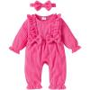 imageYOUNGER TREE Baby Girl Romper Fall Winter Long Sleeve Newborn Bodysuit with Headband Infant ClothesRose Red