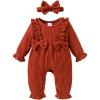 imageYOUNGER TREE Baby Girl Romper Fall Winter Long Sleeve Newborn Bodysuit with Headband Infant ClothesSolid Brown