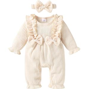 imageYOUNGER TREE Baby Girl Romper Fall Winter Long Sleeve Newborn Bodysuit with Headband Infant ClothesCream