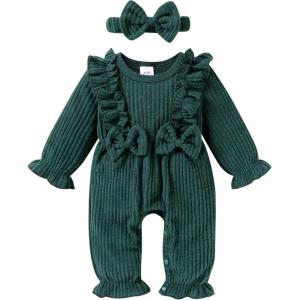 imageYOUNGER TREE Baby Girl Romper Fall Winter Long Sleeve Newborn Bodysuit with Headband Infant ClothesDeep Green