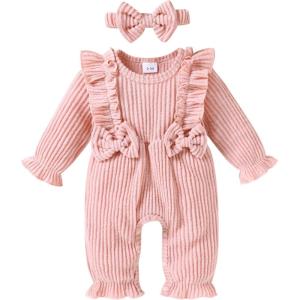 imageYOUNGER TREE Baby Girl Romper Fall Winter Long Sleeve Newborn Bodysuit with Headband Infant ClothesPink