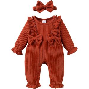 imageYOUNGER TREE Baby Girl Romper Fall Winter Long Sleeve Newborn Bodysuit with Headband Infant ClothesSolid Brown