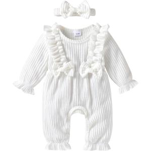 imageYOUNGER TREE Baby Girl Romper Fall Winter Long Sleeve Newborn Bodysuit with Headband Infant ClothesWhite