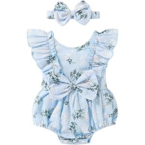 imageYOUNGER TREE Newborn Baby Girl Clothes Ruffle Sleeve Rompers Infant Backless Floral Jumpsuit Summer Outfits with HeadbandBlue