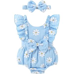 imageYOUNGER TREE Newborn Baby Girl Clothes Ruffle Sleeve Rompers Infant Backless Floral Jumpsuit Summer Outfits with HeadbandBlue White Floral