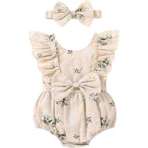 imageYOUNGER TREE Newborn Baby Girl Clothes Ruffle Sleeve Rompers Infant Backless Floral Jumpsuit Summer Outfits with HeadbandKhaki