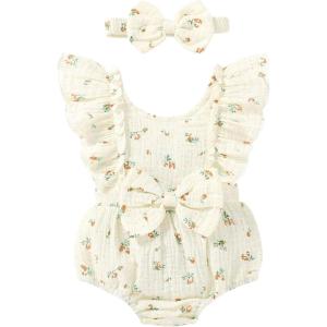 imageYOUNGER TREE Newborn Baby Girl Clothes Ruffle Sleeve Rompers Infant Backless Floral Jumpsuit Summer Outfits with HeadbandLight Yellow