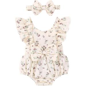 imageYOUNGER TREE Newborn Baby Girl Clothes Ruffle Sleeve Rompers Infant Backless Floral Jumpsuit Summer Outfits with HeadbandLight Yellow Floral