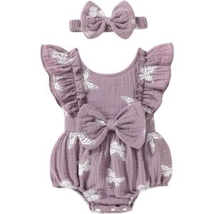 imageYOUNGER TREE Newborn Baby Girl Clothes Ruffle Sleeve Rompers Infant Backless Floral Jumpsuit Summer Outfits with HeadbandPurple
