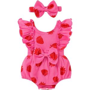 imageYOUNGER TREE Newborn Baby Girl Clothes Ruffle Sleeve Rompers Infant Backless Floral Jumpsuit Summer Outfits with HeadbandStrawberry