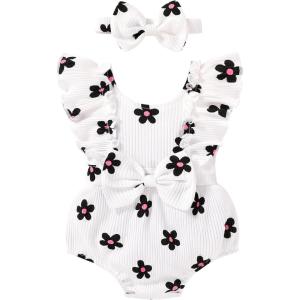 imageYOUNGER TREE Newborn Baby Girl Clothes Ruffle Sleeve Rompers Infant Backless Floral Jumpsuit Summer Outfits with HeadbandWhite Black Floral