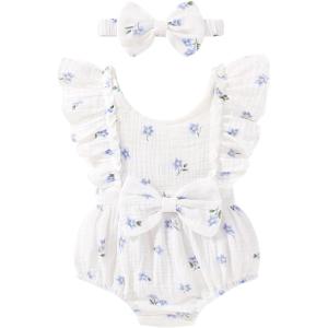imageYOUNGER TREE Newborn Baby Girl Clothes Ruffle Sleeve Rompers Infant Backless Floral Jumpsuit Summer Outfits with HeadbandWhite Blue Floral