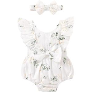 imageYOUNGER TREE Newborn Baby Girl Clothes Ruffle Sleeve Rompers Infant Backless Floral Jumpsuit Summer Outfits with HeadbandWhite Floral