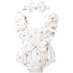 imageYOUNGER TREE Newborn Baby Girl Clothes Ruffle Sleeve Rompers Infant Backless Floral Jumpsuit Summer Outfits with HeadbandWhite Red Floral
