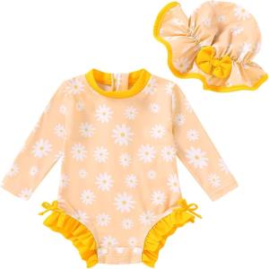 imageYOUNGER TREE Infant Baby Swimsuit Girl Long Sleeve OnePiece Rash Guard with Hat Zipper Bathing Suit Printed SwimwearYellow Floral