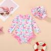 imageInfant Baby Swimsuit Girl Long Sleeve UPF 50 Sun Protection OnePiece Rash Guard with Hat Zipper Bathing SuitFlamingo