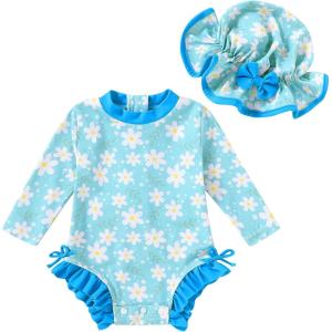 imageInfant Baby Swimsuit Girl Long Sleeve UPF 50 Sun Protection OnePiece Rash Guard with Hat Zipper Bathing SuitBlue Floral