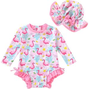 imageInfant Baby Swimsuit Girl Long Sleeve UPF 50 Sun Protection OnePiece Rash Guard with Hat Zipper Bathing SuitFlamingo
