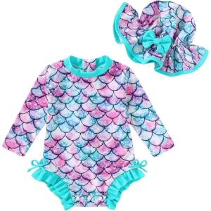 imageInfant Baby Swimsuit Girl Long Sleeve UPF 50 Sun Protection OnePiece Rash Guard with Hat Zipper Bathing SuitMermaid