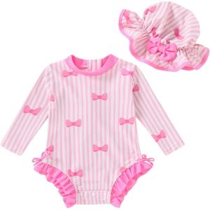 imageInfant Baby Swimsuit Girl Long Sleeve UPF 50 Sun Protection OnePiece Rash Guard with Hat Zipper Bathing SuitPink Bow