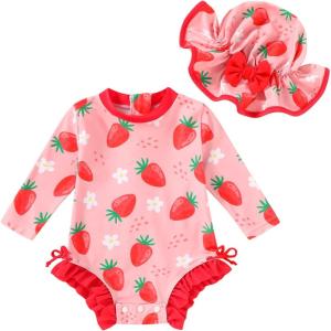 imageInfant Baby Swimsuit Girl Long Sleeve UPF 50 Sun Protection OnePiece Rash Guard with Hat Zipper Bathing SuitStrawberries