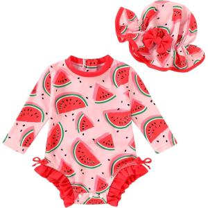 imageInfant Baby Swimsuit Girl Long Sleeve UPF 50 Sun Protection OnePiece Rash Guard with Hat Zipper Bathing SuitWatermelon