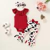imageYOUNGER TREE Newborn Infant Baby Girl Clothes Outfits Romper Bodysuit Floral Cow Print Pants Headband 3Pcs Summer Clothes SetA4 Red