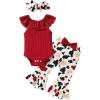 imageYOUNGER TREE Newborn Infant Baby Girl Clothes Outfits Romper Bodysuit Floral Cow Print Pants Headband 3Pcs Summer Clothes SetA4 Red