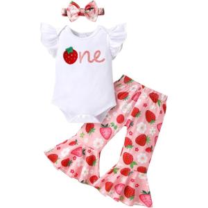 imageYOUNGER TREE Baby Girl 1st Birthday Outfit  My First Birthday Romper ampamp Flared PantsEmbroidery Strawberry One