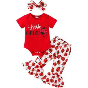 imageYOUNGER TREE Baby Girl 1st Birthday Outfit  My First Birthday Romper ampamp Flared PantsLittle One Ladybug