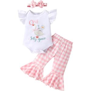 imageYOUNGER TREE Baby Girl 1st Birthday Outfit  My First Birthday Romper ampamp Flared PantsOne Silly Goose
