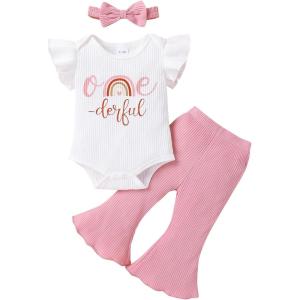 imageYOUNGER TREE Baby Girl 1st Birthday Outfit  My First Birthday Romper ampamp Flared PantsOnederfulrainbow