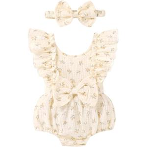 imageYOUNGER TREE Newborn Baby Girl Clothes Ruffle Sleeve Rompers Infant Backless Floral Jumpsuit Summer Outfits with HeadbandWhite