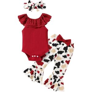 imageYOUNGER TREE Newborn Infant Baby Girl Clothes Outfits Romper Bodysuit Floral Cow Print Pants Headband 3Pcs Summer Clothes SetA4 Red