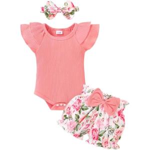 imageYOUNGER TREE Newborn Infant Baby Girl Clothes Romper Shorts Set Floral Summer Outfits Cute Baby Girl ClothingPink Romper and Flower Shorts