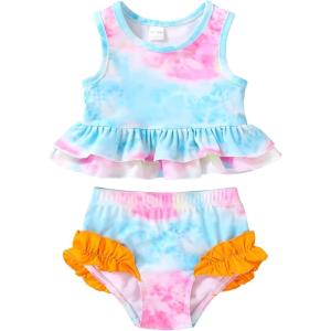 imageYOUNGER TREE Toddler Baby Girls Summer Swimsuit Sleeveless Striped Swimwear TwoPiece Suit Beach BikiniPink Tie Dye and Orange