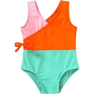 imageYOUNGER TREE Toddler Girl One Piece Swimsuit Color Block Stripe Swimwear Summer Beach Bathing Suit 12M5TPink Orange Green
